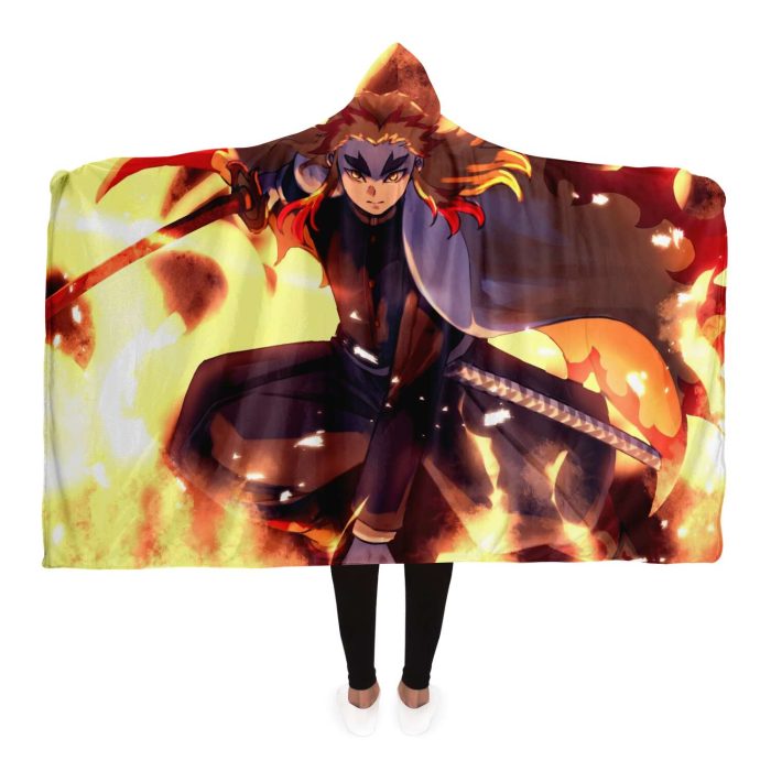 Demon Salyer Kyojuro Rengoku Fire Hooded Blanket Adult / Premium Sherpa - Aop
